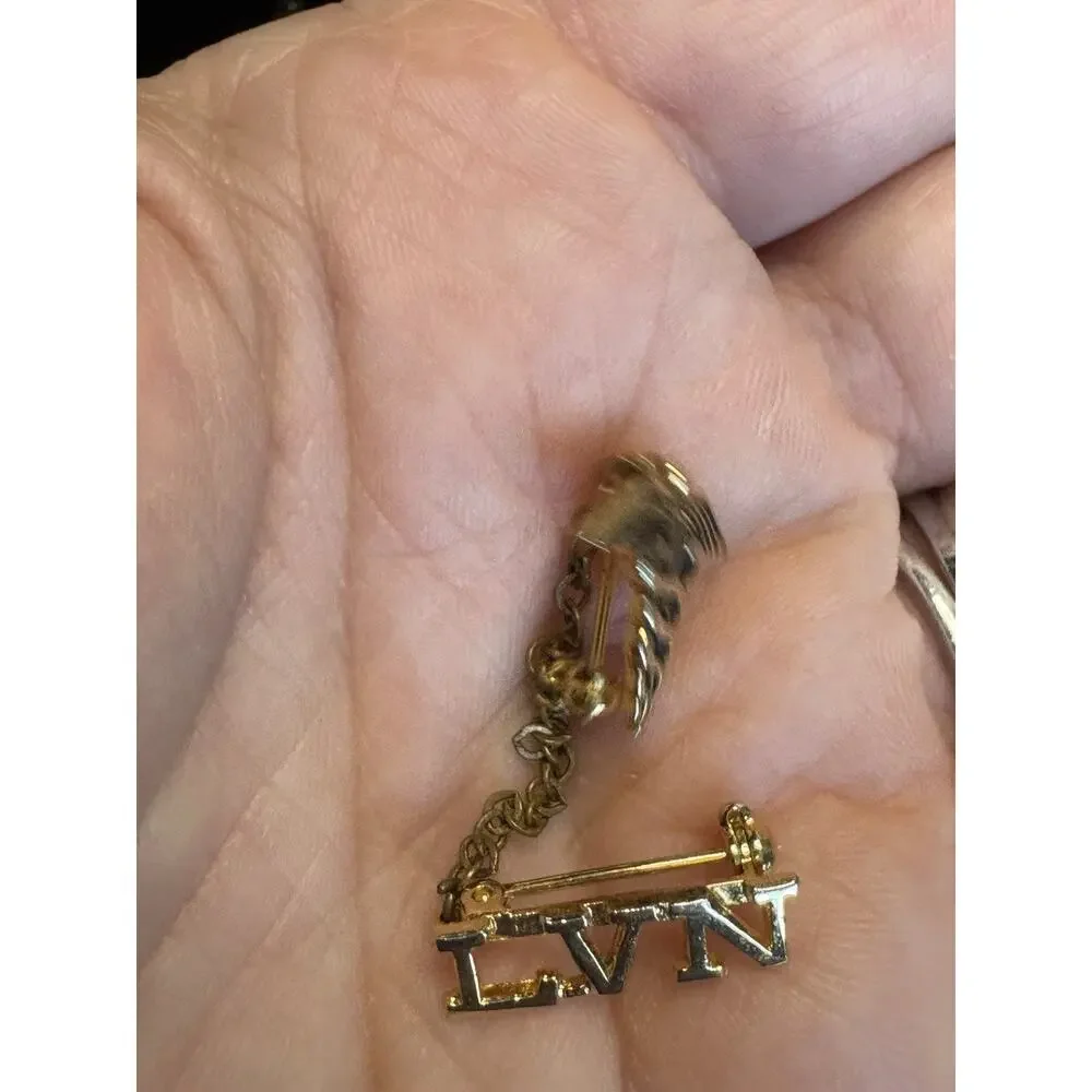 Vintage Gold Tone Caduceus LVN Nurse Pin Chain Dangle Lapel Brooch Medical